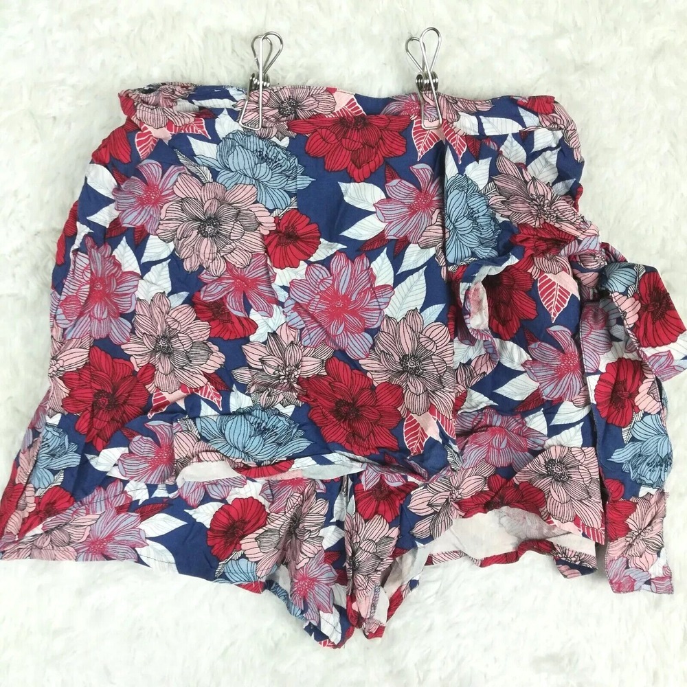 Japna Womens Shorts Faux Wrap Floral Print‎ Red White Blue Patriotic S New